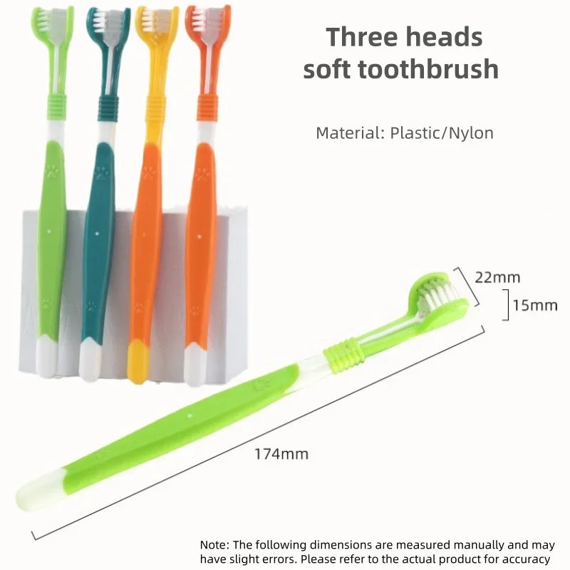 3-Head Pet Toothbrush Dogs Oral Cleaning Soft Bristle Toothbrush for Small Breed Easy Grip Handle Gentle on Gums Reduce Plaque